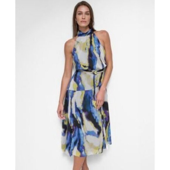 DKNY Womens Sleeveless Halter Chiffon Crinkle Midi Belt Dress Vertical Wave NWT - Picture 1 of 2